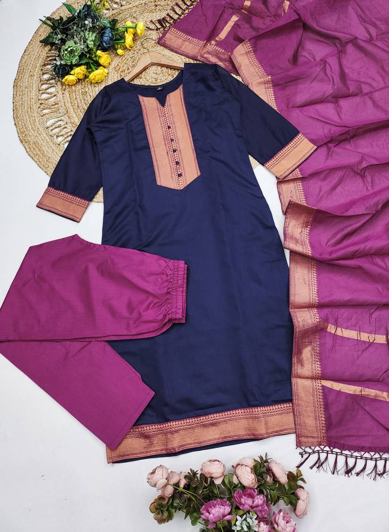 Blue woven jaquard straight kurti dupatta with pant