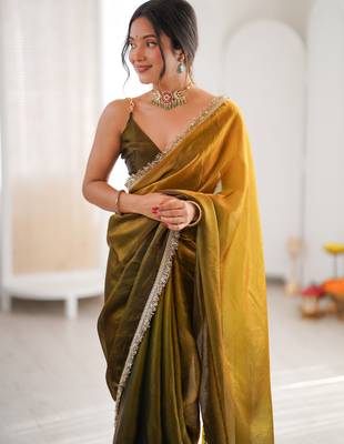 Olive tissue satin sequins saree with unstitched blouse piece. 5