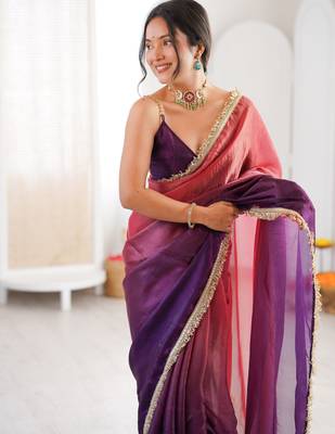 Purple tissue satin sequins saree with unstitched blouse piece. 1