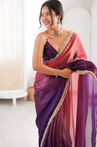 Purple tissue satin sequins saree with unstitched blouse piece.