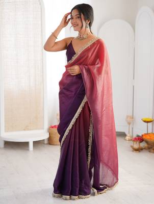 Purple tissue satin sequins saree with unstitched blouse piece. 2