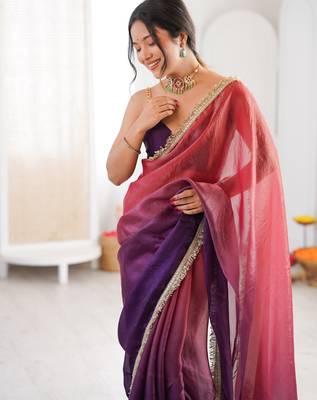 Purple tissue satin sequins saree with unstitched blouse piece. 3