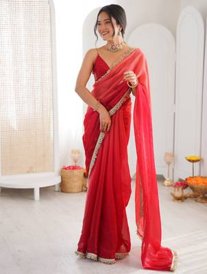 Red tissue satin sequins saree with unstitched blouse piece. 2