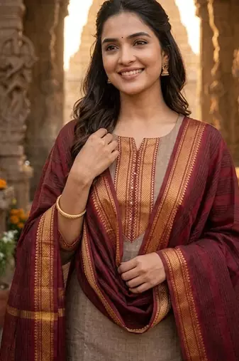 Coffee woven jaquard straight kurti dupatta with pant