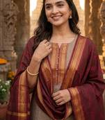 Coffee woven jaquard straight kurti dupatta with pant