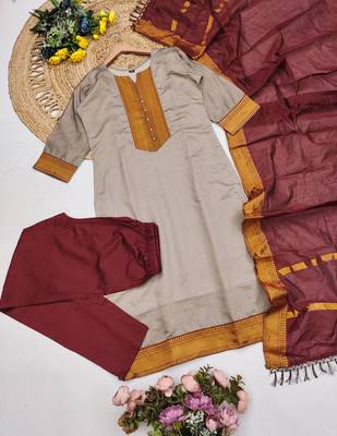 Coffee woven jaquard straight kurti dupatta with pant 3