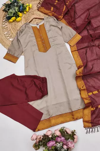 Coffee woven jaquard straight kurti dupatta with pant