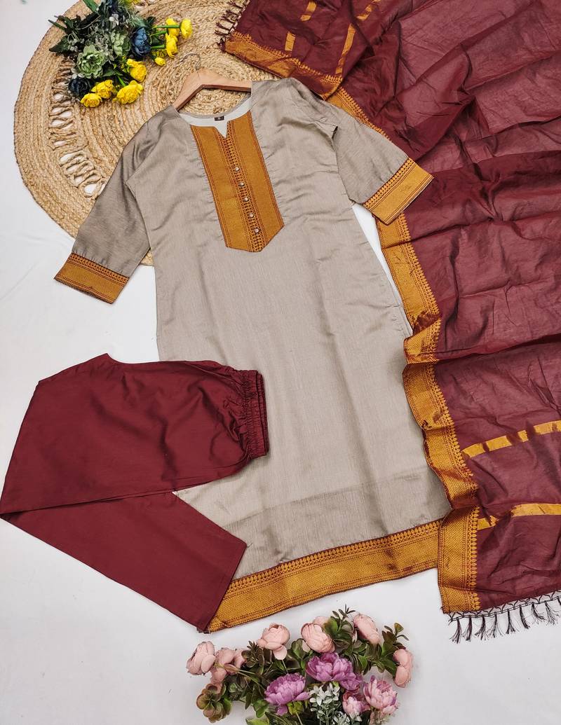Coffee woven jaquard straight kurti dupatta with pant