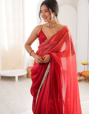 Red tissue satin sequins saree with unstitched blouse piece. 4