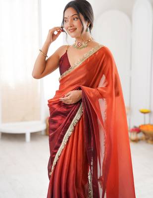 Rust tissue satin sequins saree with unstitched blouse piece. 5