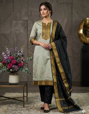 Cream woven jaquard straight kurti dupatta with pant 1