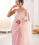 Pink chiffon embellished saree with unstitched blouse piece.