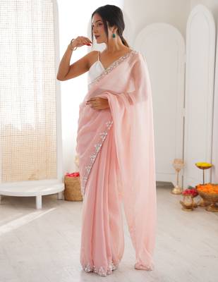 Pink chiffon embellished saree with unstitched blouse piece. 2