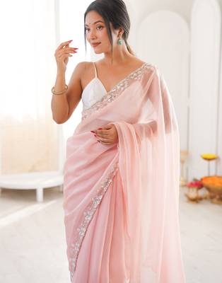 Pink chiffon embellished saree with unstitched blouse piece. 3