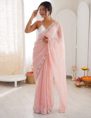 Pink chiffon embellished saree with unstitched blouse piece. 4