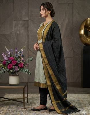 Cream woven jaquard straight kurti dupatta with pant 2