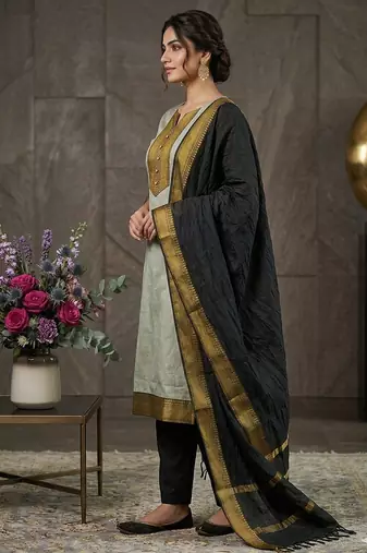 Cream woven jaquard straight kurti dupatta with pant