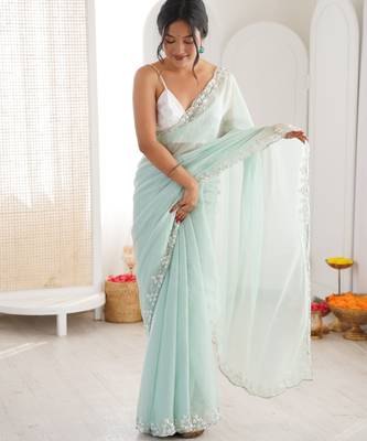 Sea green chiffon embellished saree with unstitched blouse piece. 3