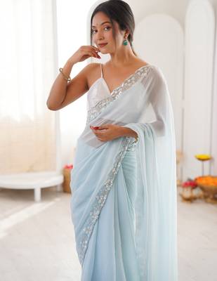 Sky blue chiffon embellished saree with unstitched blouse piece. 4