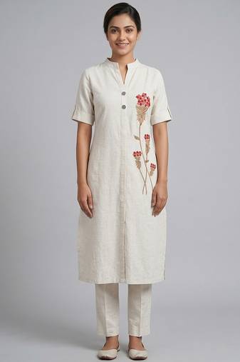 Off-white floral embroidered kurti co-ord set