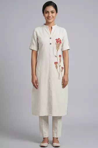 Off-white floral embroidered kurti co-ord set