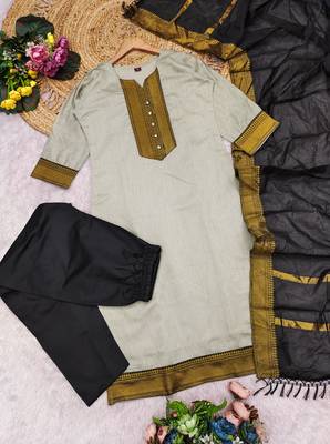 Cream woven jaquard straight kurti dupatta with pant 3