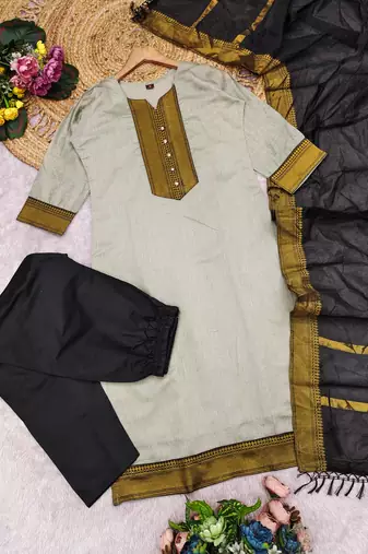 Cream woven jaquard straight kurti dupatta with pant