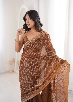 Brown chiffon embroidered saree with unstitched blouse piece. 1