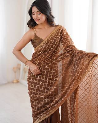 Brown chiffon embroidered saree with unstitched blouse piece. 3