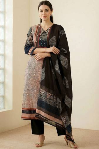 Women Printed Regular Beads and Stones  Cotton Kurta with Trousers & With Dupatta