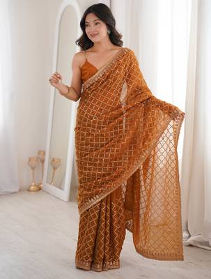 Mustard chiffon embroidered saree with unstitched blouse piece. 2