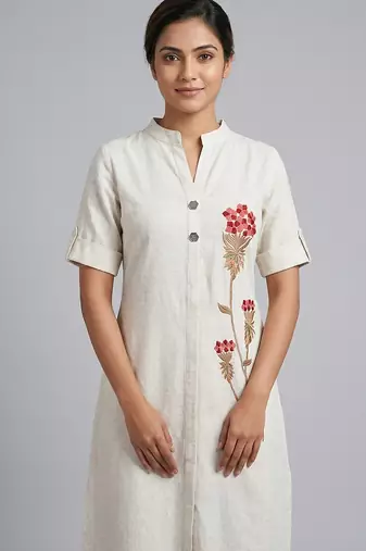 Off-white floral embroidered kurti co-ord set