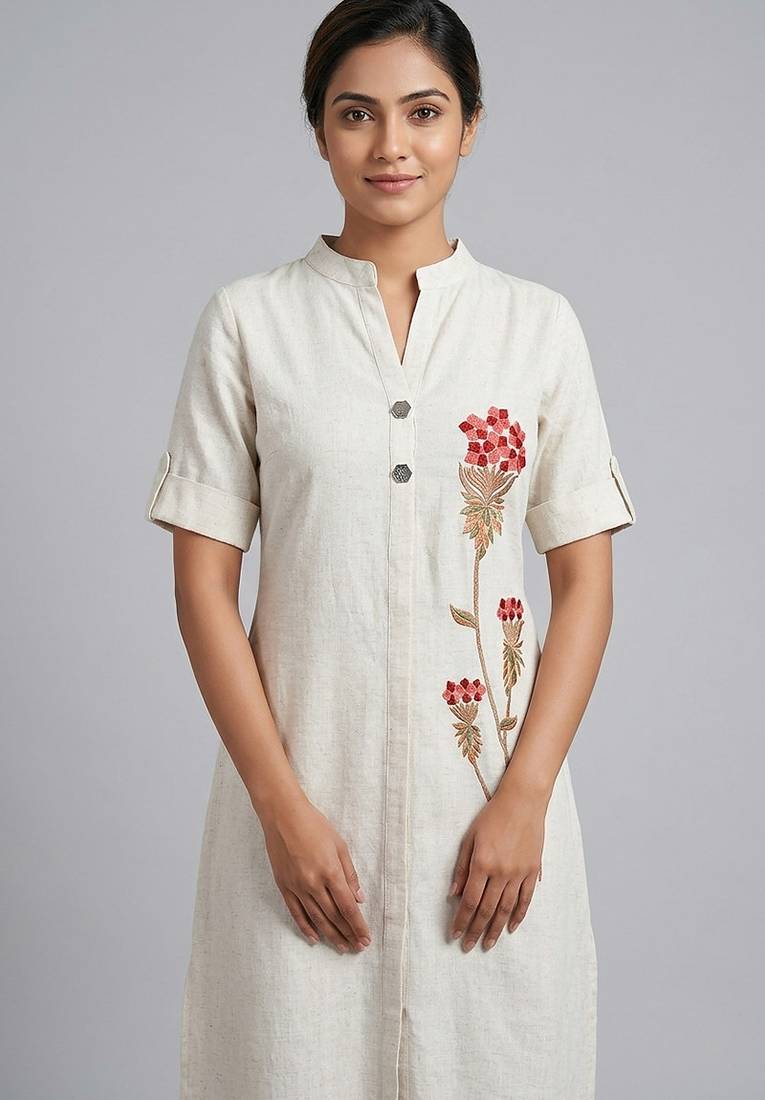 Off-white floral embroidered kurti co-ord set