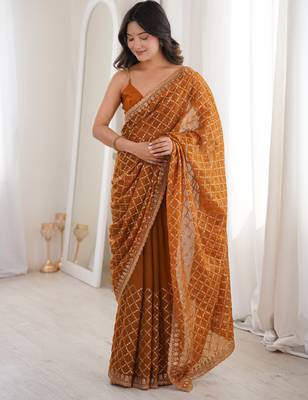 Mustard chiffon embroidered saree with unstitched blouse piece. 3