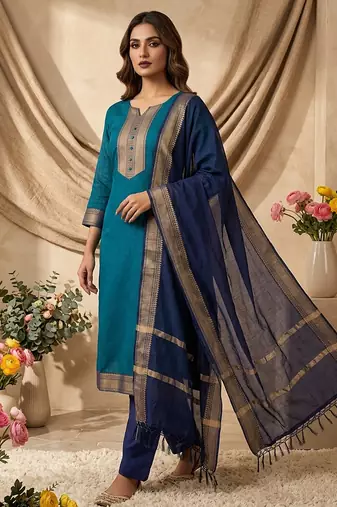 Firozi woven jaquard straight kurti dupatta with pant