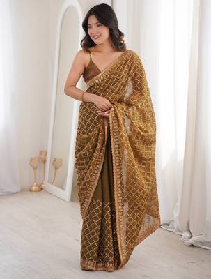 Olive chiffon embroidered saree with unstitched blouse piece. 2