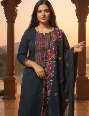 Floral Embroidered Thread Work Pure Cotton Kurta With Trousers & Dupatta 2
