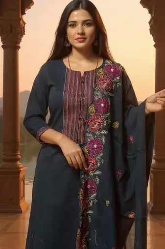 Floral Embroidered Thread Work Pure Cotton Kurta With Trousers & Dupatta