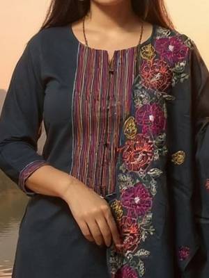 Floral Embroidered Thread Work Pure Cotton Kurta With Trousers & Dupatta 3