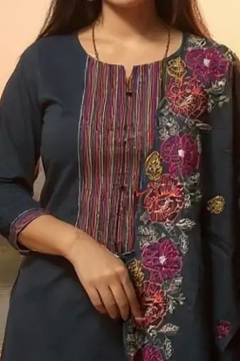 Floral Embroidered Thread Work Pure Cotton Kurta With Trousers & Dupatta