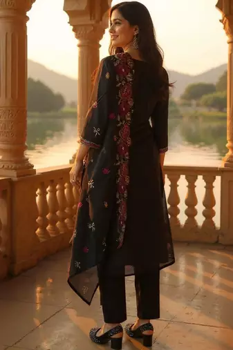 Floral Embroidered Thread Work Pure Cotton Kurta With Trousers & Dupatta
