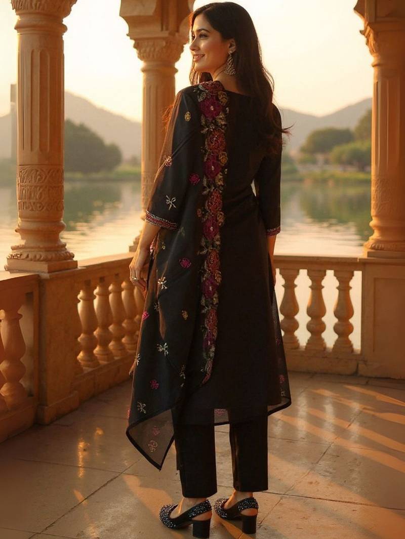 Floral Embroidered Thread Work Pure Cotton Kurta With Trousers & Dupatta