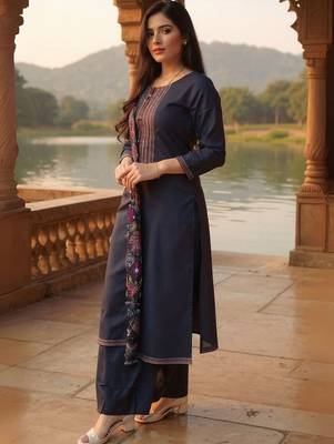 Floral Embroidered Thread Work Pure Cotton Kurta With Trousers & Dupatta 1