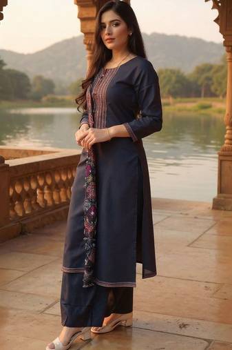 Floral Embroidered Thread Work  Cotton Kurta With Trousers & Dupatta