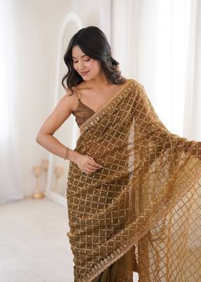 Olive chiffon embroidered saree with unstitched blouse piece. 4
