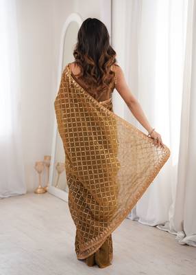Olive chiffon embroidered saree with unstitched blouse piece. 5