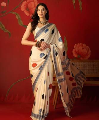 Cream satin printed saree with unstitched blouse piece. 2