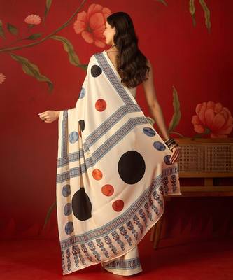 Cream satin printed saree with unstitched blouse piece. 3