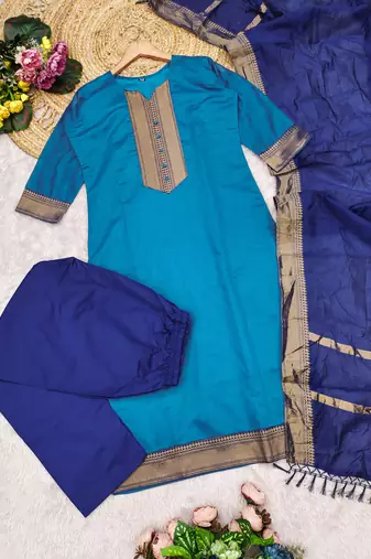 Firozi woven jaquard straight kurti dupatta with pant