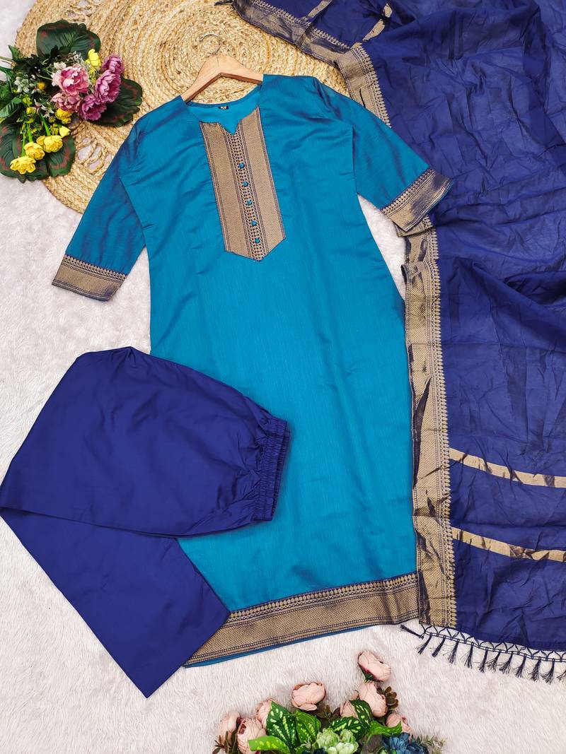 Firozi woven jaquard straight kurti dupatta with pant